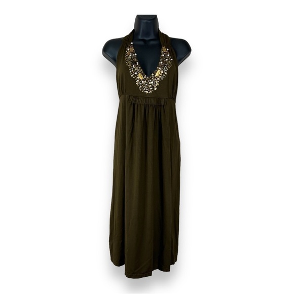 Large Joyous & Free Brown Beaded V Beck Dress Knee Length  Stretch Event Party - Picture 1 of 11